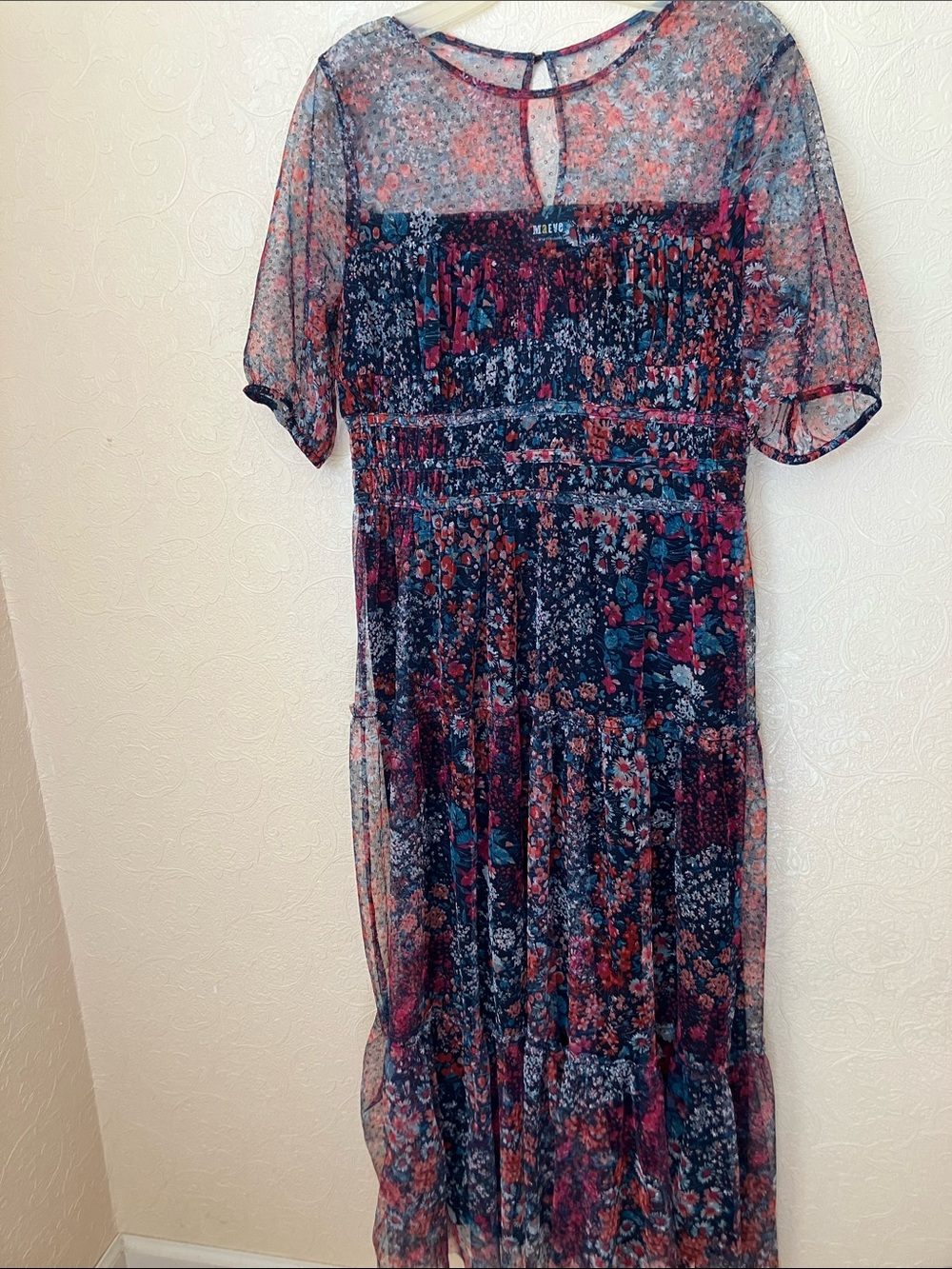 Anthropologie Navy Floral Maxi Dress with Red & Teal Accents